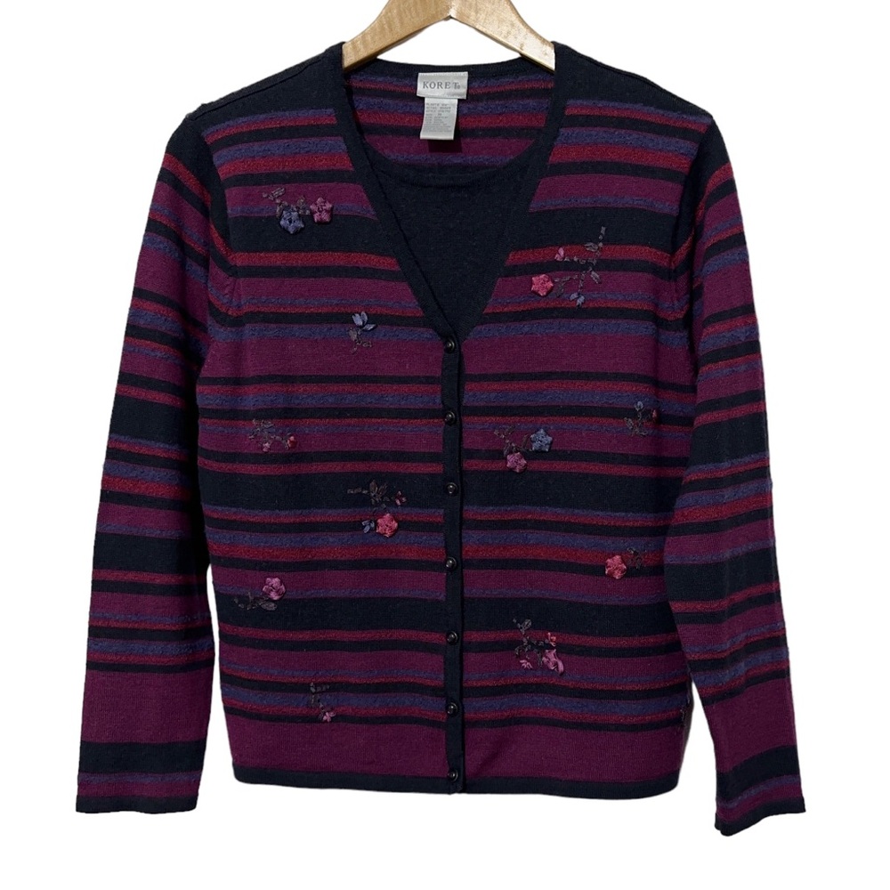 Koret Wool Blend Striped Floral Cardigan Sweater w Ribbons Womens Vintage Size M